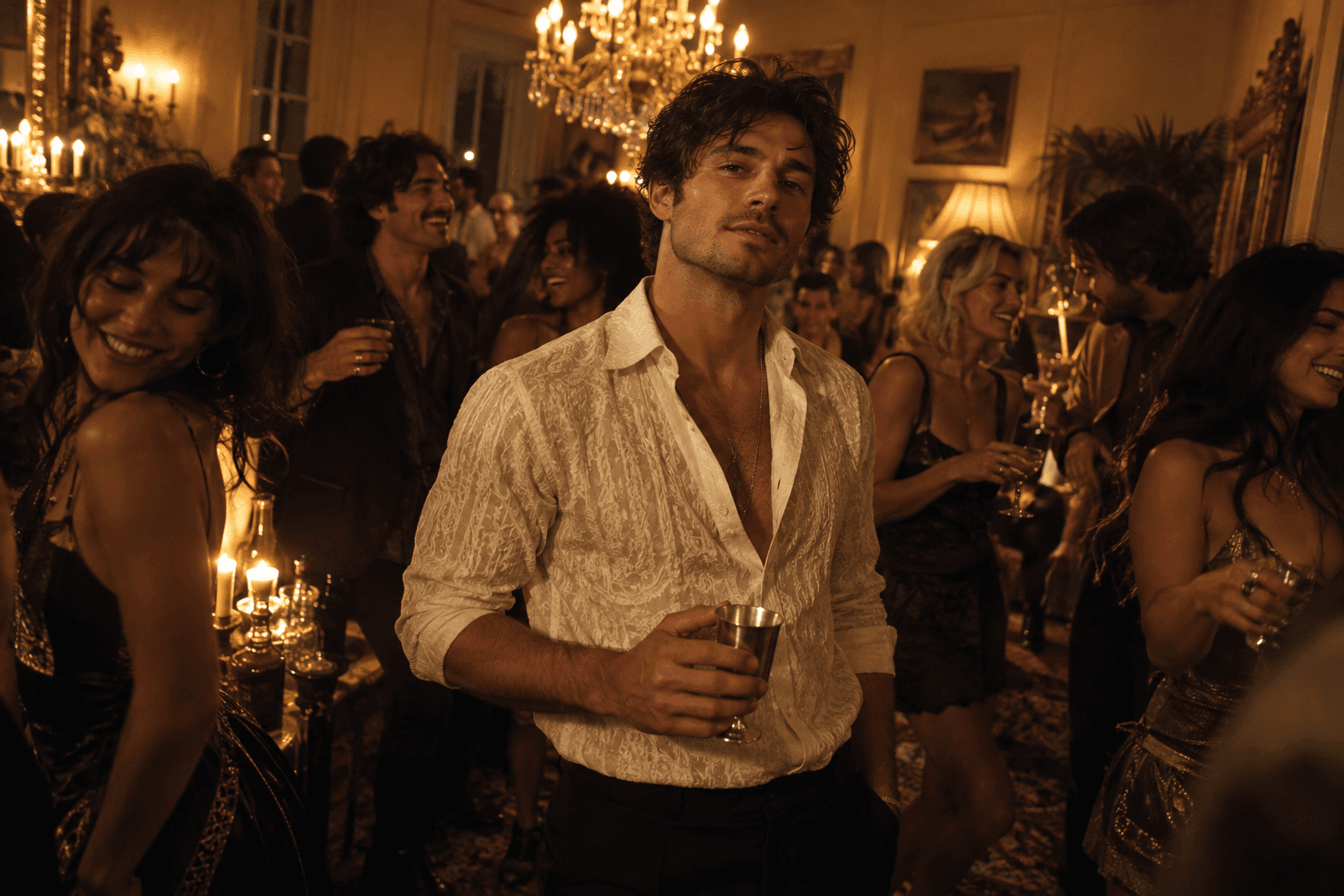 Concept artwork of one person in a warm, crowded house party. Not a generated video.